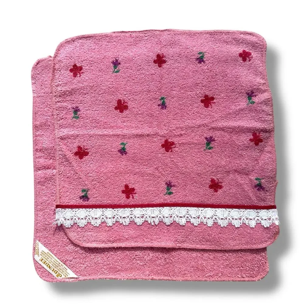 Vtg Dundee Brand Lace Trim Pink Face Cloth Cotton Floral Butterfly Cottage New